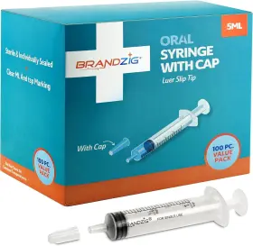 Brandzig 860001009101 5ml Syringe With Cap 100 Pack Oral Dispenser Without Needle Luer Slip