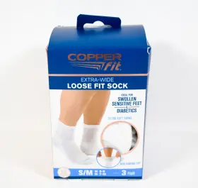 Copper Fit 754502053230 Cooper Extra Wide Loose Diabetic Sensitive Feet Sock 3 Pair White Sz S/m