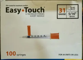 U-100 Easy-touch 084963156011 Easytouch Insulin Sy. .3 Ml/cc 31 Gauge 5/16 Inch 8mm 100-count Free Shipping