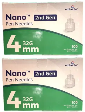 Embecta Nano Insulin Pen Needles 598481870318 2-pk 100pc 200 Total 32g X 4mm Tip Full Universal Fit 13z