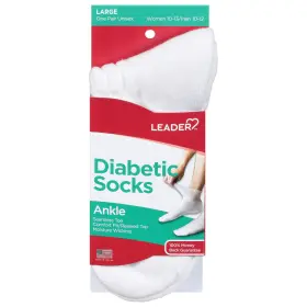 12055 Leader Diabetic Ankle Socks Hs 2 Ea White Large Size Crew Length Seamless Toe