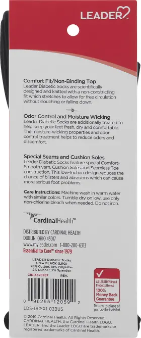 Lea-1571 Leader Diabetic Sock Crew Non-binding And Moisture-wicking Black Large 2 Each #2