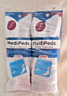 Med Peds 071400019411 For Symptoms Of Diabetes White 4 Pair Wide Crew Socks - Large