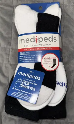 04600-04 Medipeds New Non-binding Crew Socks Large Unisex 2 Pair White/black For Diabetes