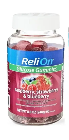 655913 Relion Glucose Raspberry Strawberry And Blueberry 60 Gummies Exp. 12/2025
