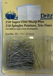 Dritz #110 250 Ct Super-fine Sharp Pins, Size 20, 1/4", Plastic Box. Fixed Price $11.99.